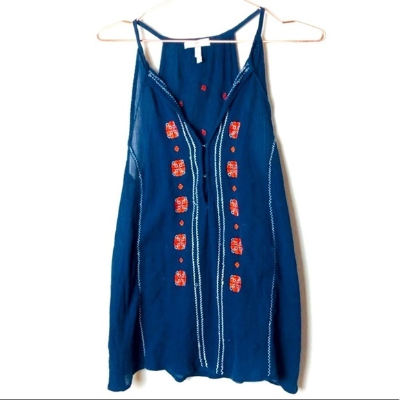 Joie Tops - L Joie Navy Blue Embroidered Tank Top with orange details. EUC. Has tassels